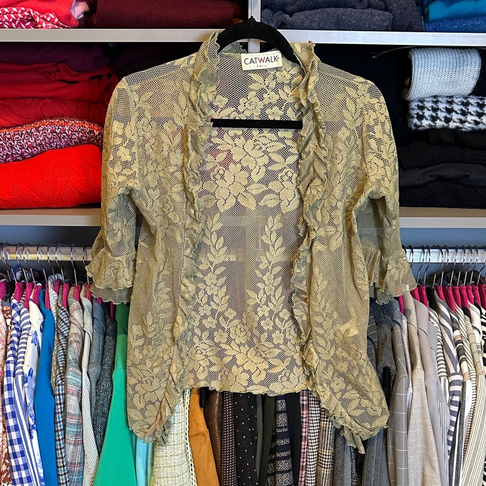 Catwalk olive 3/4 sleeve lace open front cardigan size S